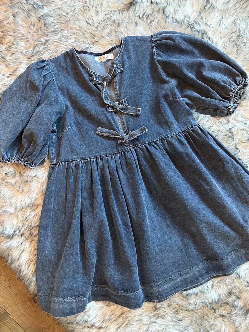 Denim-Look Puff-Sleeve Dress with Tie Front